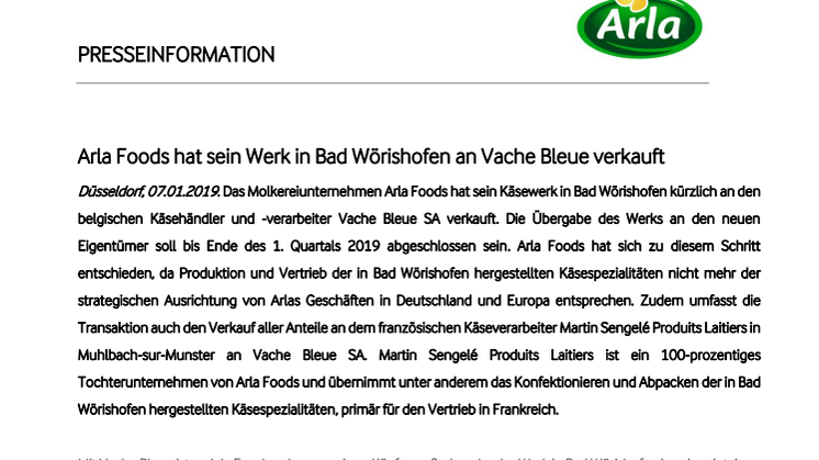 Arla Foods hat sein Werk in Bad Wörishofen an Vache Bleue verkauft 