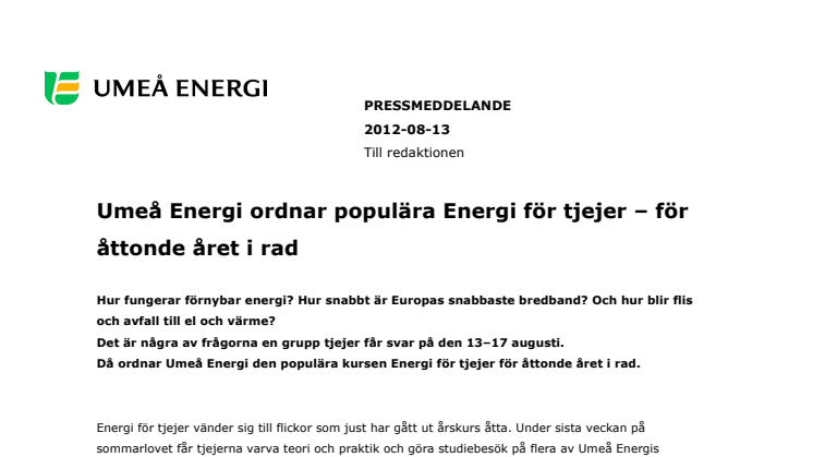 Umeå Energi ordnar populära Energi för tjejer – för åttonde året i rad