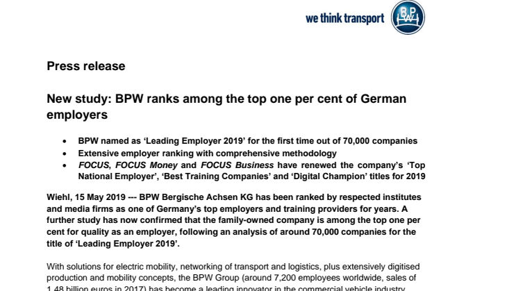 New study: BPW ranks among the top one per cent of German employers 