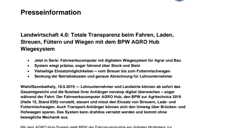 Landwirtschaft 4.0: Totale Transparenz beim Fahren, Laden, Streuen, Füttern und Wiegen mit dem BPW AGRO Hub Wiegesystem