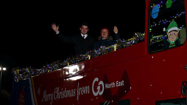 Commercial Development Manager, Dan Graham, and Jack Thompson, 14, on Go North East Santa Bus