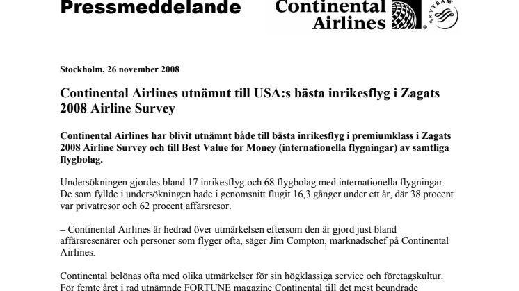 Continental Airlines utnämnt till USA:s bästa inrikesflyg i Zagats 2008 Airline Survey