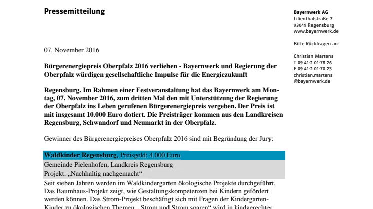 Bürgerenergiepreis Oberpfalz 2016 verliehen