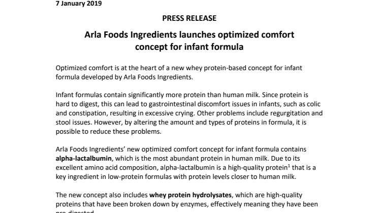 Arla Foods Ingredients launches optimized comfort concept for infant formula