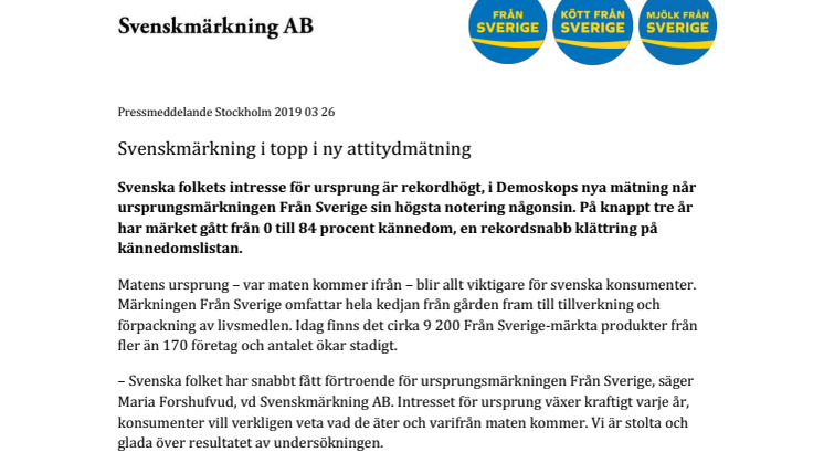 Svenskmärkning i topp i ny attitydmätning