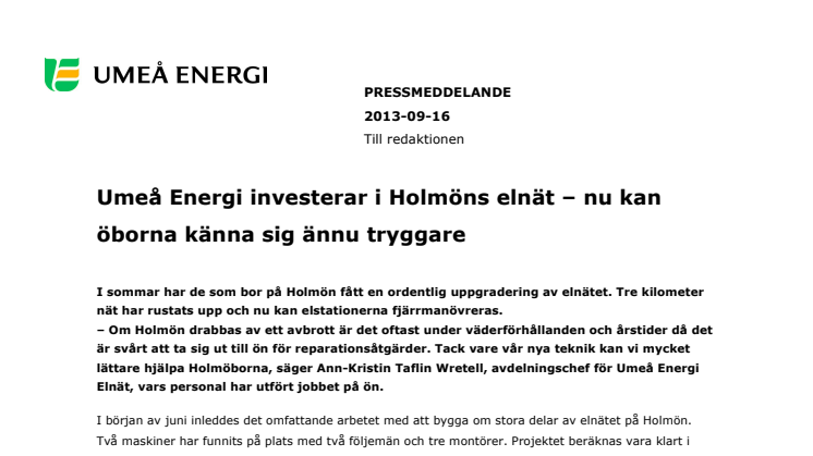 Umeå Energi investerar i Holmöns elnät – nu kan öborna känna sig ännu tryggare