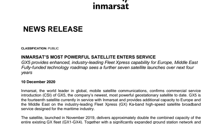 Inmarsat's Most Powerful Satellite Enters Service