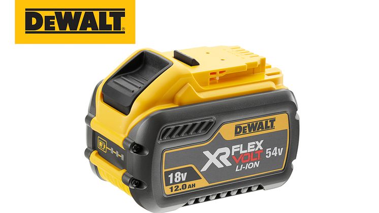 DEWALT lanserer nok en banebrytende nyhet – et effektivt 54V-batteri med en kjøretid på hele 12 Ah som er kompatibel med hele FLEXVOLT-sortimentet.