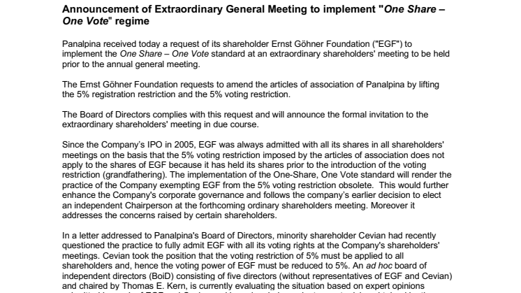 Announcement of Extraordinary General Meeting to implement "One Share – One Vote" regime