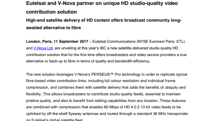 Eutelsat and V-Nova partner on unique HD studio-quality video contribution solution
