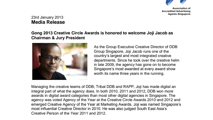 Gong 2013 Creative Circle Awards is honored to welcome Joji Jacob as Chairman & Jury President