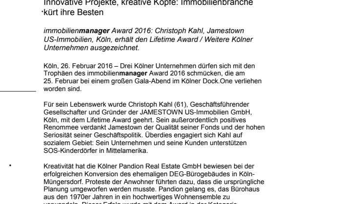 immobilienmanager Award 2016: Drei Kölner Unternehmen ausgezeichnet