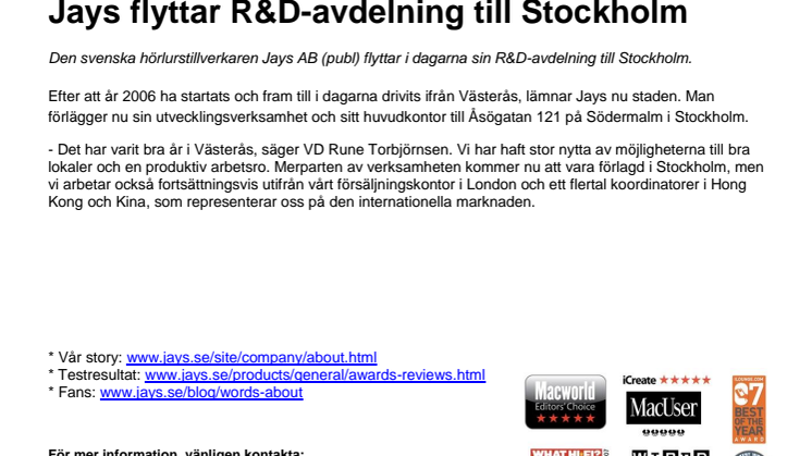 Jays flyttar R&D-avdelning till Stockholm