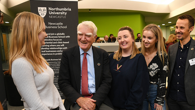 Sir Mark Moody-Stuart with Northumbria students and Dr Alex Hope
