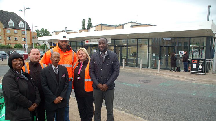 All one team: HA Marks contract manager Innocent Obiekwe (back) says the station team led by Marc Asamoah (far right) was a huge support during the extension of Elstree & Borehamwood station