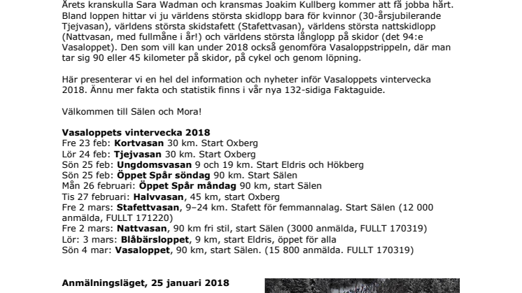 Information och nyheter inför Vasaloppets vintervecka 2018