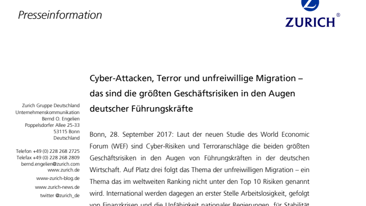 Cyber-Attacken, Terror und unfreiwillige Migration – das sind die größten Geschäftsrisiken in den Augen deutscher Führungskräfte
