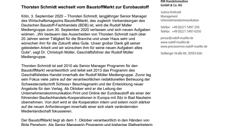 Thorsten Schmidt wechselt vom BaustoffMarkt zur Eurobaustoff