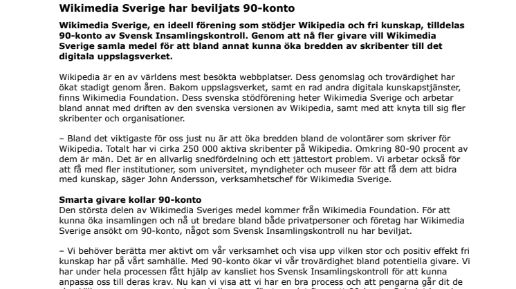Wikimedia Sverige har beviljats 90-konto 