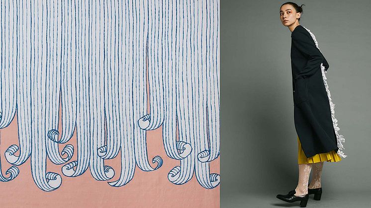 Left: Print textile “swing”.Right:  Minä perhonen, “forest parade” from autumn- winter collection 2018-2019. Model: Miyuki Emond.