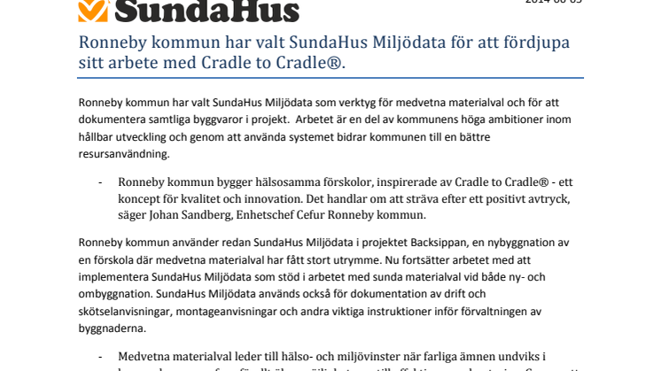 Ronneby kommun har valt SundaHus Miljödata för att fördjupa sitt arbete med Cradle to Cradle®. 