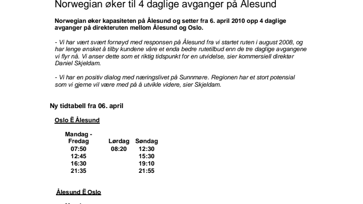 Norwegian øker til 4 daglige avganger på Ålesund