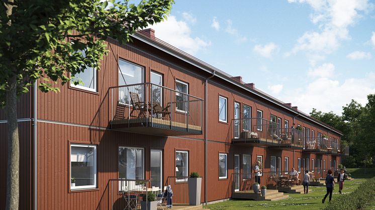 Illustration av trädgårdssida med balkonger och altaner, BoKlok Älven i Kvissleby, Sundsvall. 