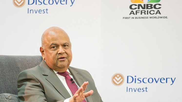 South African Minister of Finance Mr Pravin Gordhan addresses the audience 