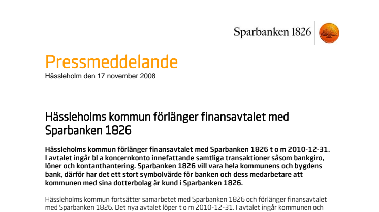 Hässleholms kommun förlänger finansavtalet med Sparbanken 1826