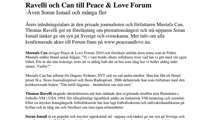 Ravelli och Can till Peace & Love Forum - även Soran Ismail och många fler