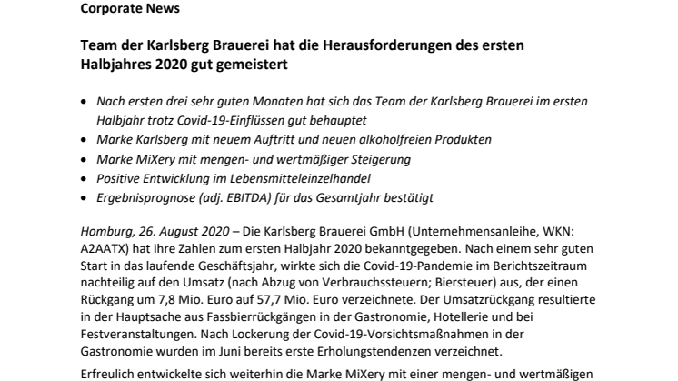 Presseinformation zu den Halbjahreszahlen 2020 der Karlsberg Brauerei GmbH