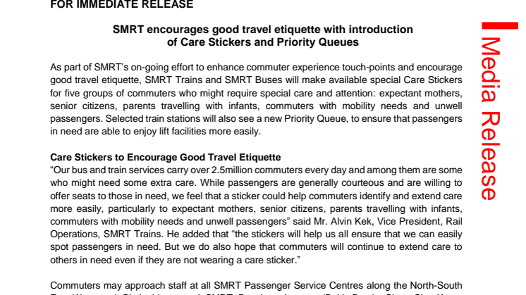 SMRT encourages good travel etiquette with introduction of Care Stickers and Priority Queues