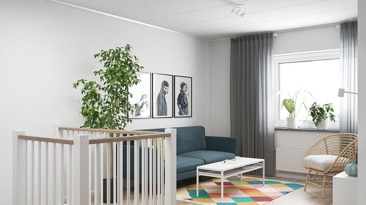 Illustration av interiör, allrum, BoKlok småhus, 2021. 