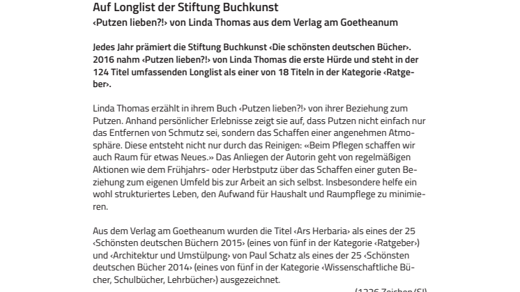 Auf der Longlist der Stiftung Buchkunst 2016: ‹Putzen lieben?!› von Linda Thomas aus dem Verlag am Goetheanum