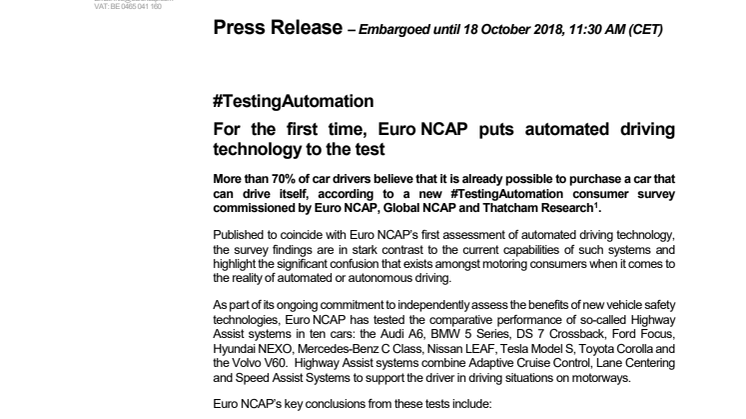 Euro NCAP #TestingAutomation press release - October 2018
