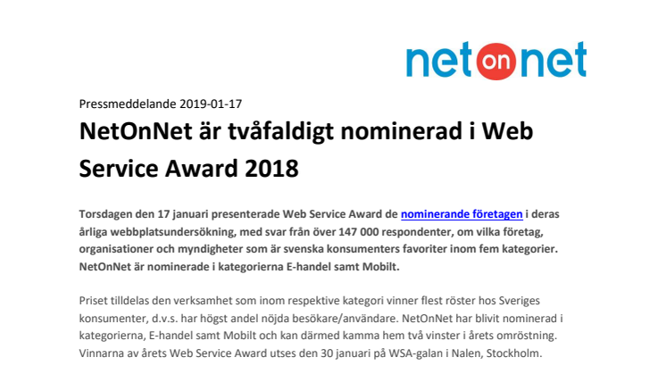 NetOnNet är tvåfaldigt nominerad i Web Service Award 2018