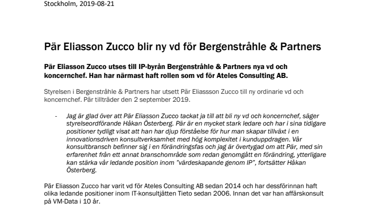 Pär Eliasson Zucco blir ny vd för Bergenstråhle & Partners