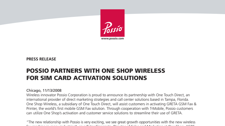 POSSIO PARTNERS WITH ONE SHOP WIRELESS FOR SIM CARD ACTIVATION SOLUTIONS