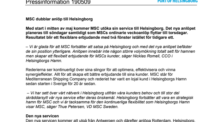 ​MSC dubblar anlöp till Helsingborg