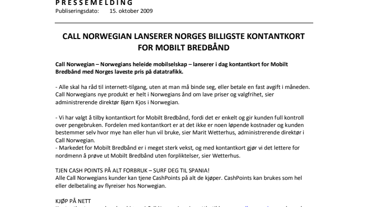 Call Norwegian lanserer kontantkort for mobilt bredbånd