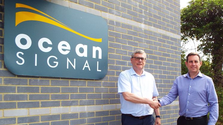 Ocean Signal founder, Alan Wrigley (left), hands over the reins to Neil Jordan (right)