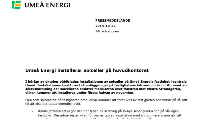 Umeå Energi installerar solceller på huvudkontoret