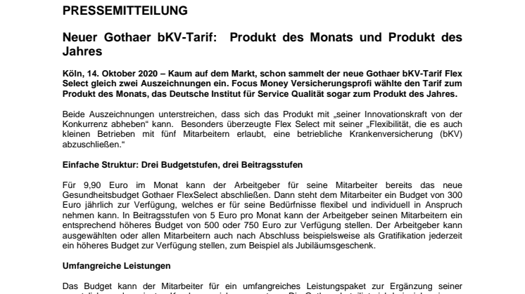 Neuer Gothaer bKV-Tarif:  Produkt des Monats und Produkt des Jahres