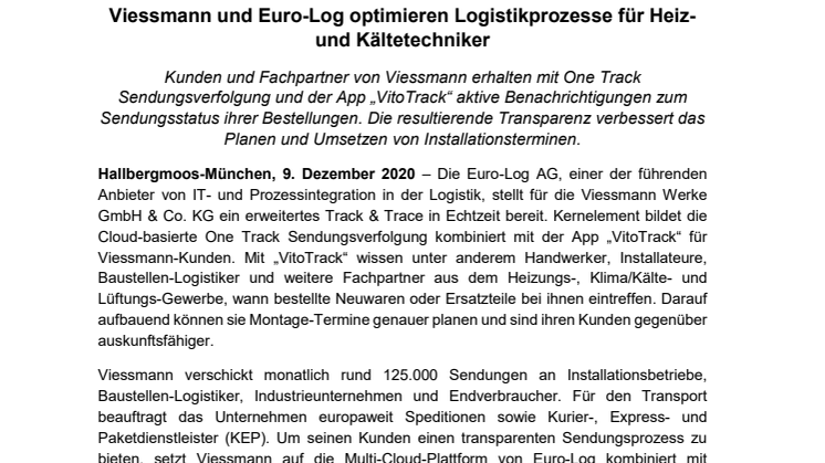 Viessmann und Euro-Log optimieren Logistikprozesse für Heiz- und Kältetechniker
