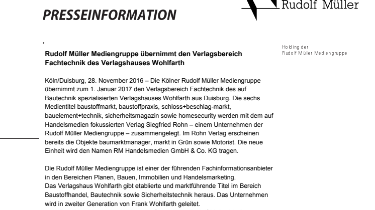 Rudolf Müller Mediengruppe übernimmt den Verlagsbereich Fachtechnik des Verlagshauses Wohlfarth