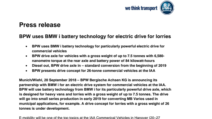 BPW uses BMW i battery technology for electric drive for lorries