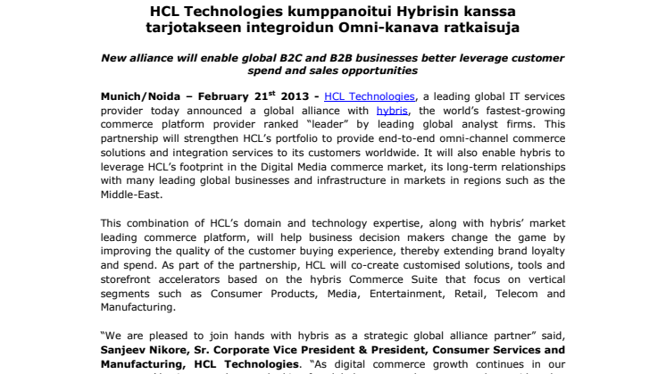 HCL Technologies kumppanoitui Hybrisin kanssa tarjotakseen integroidun Omni-kanava ratkaisuja