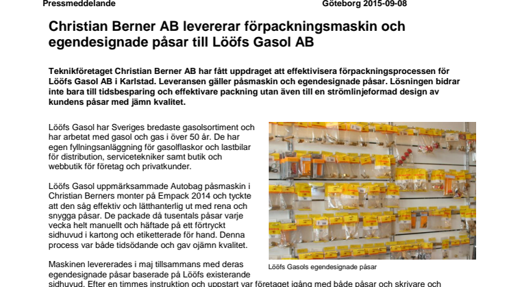 Christian Berner AB levererar förpackningsmaskin och egendesignade påsar till Lööfs Gasol AB
