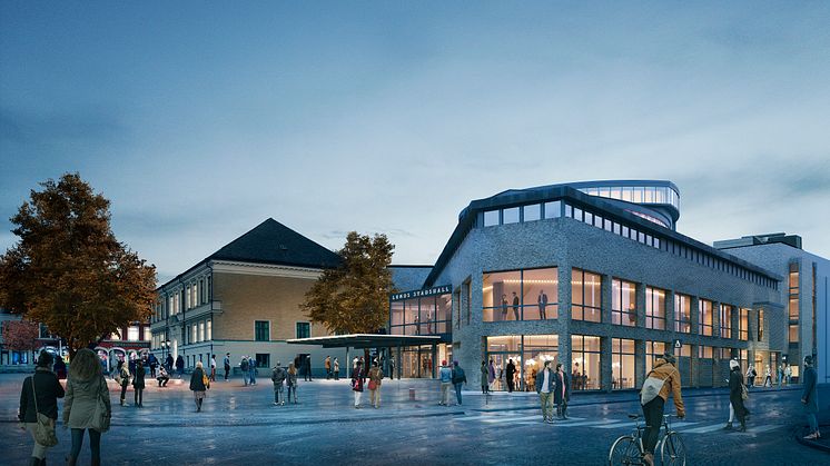 Stadshallen sedd från Stortorget. Visionsbild hämtad från White Arkitekters vinnande bidrag i arkitekttävlingen 2020. 