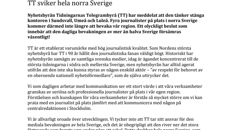 TT sviker hela norra Sverige